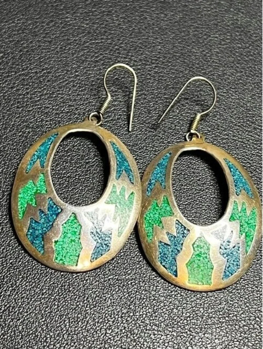 B6634 Taxco Sterling Silver Dangle Earrings Turquoise Malachite Inlay 2.5
